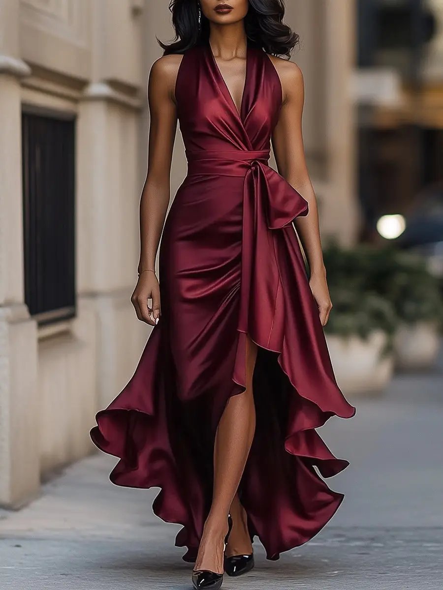 Midnight Satin Halter with Ruffle Detail - Maxi Dress CASA LARO