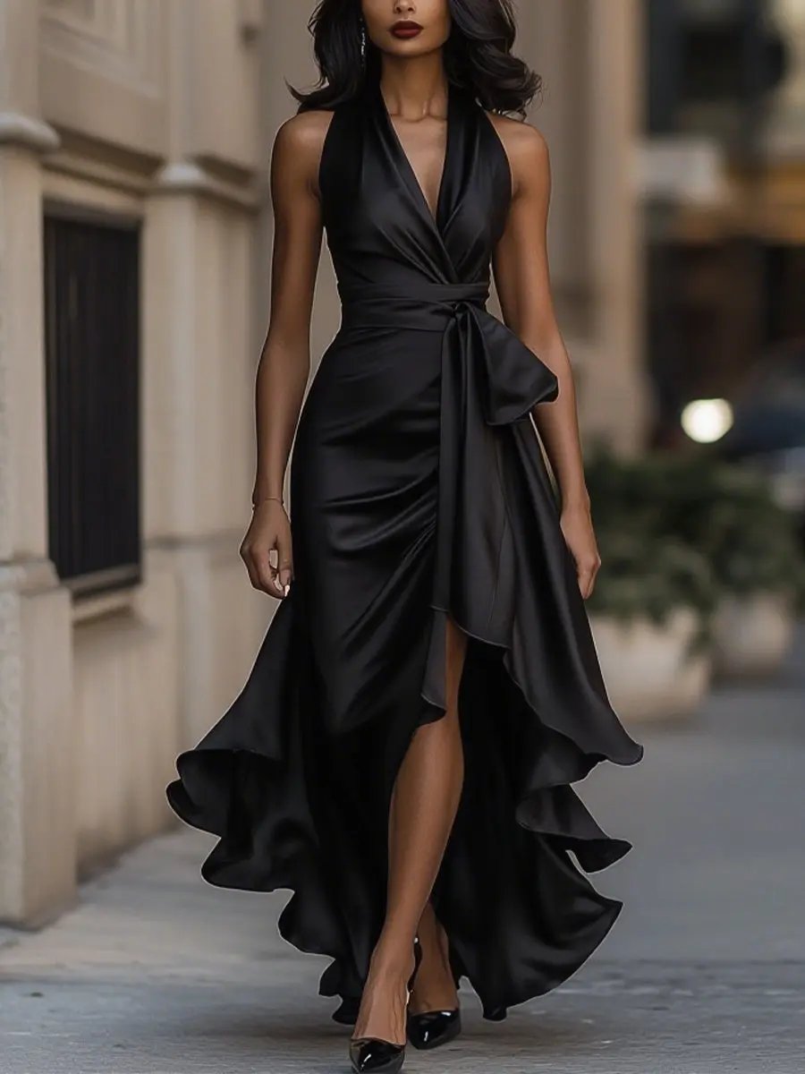 Midnight Satin Halter with Ruffle Detail - Maxi Dress CASA LARO