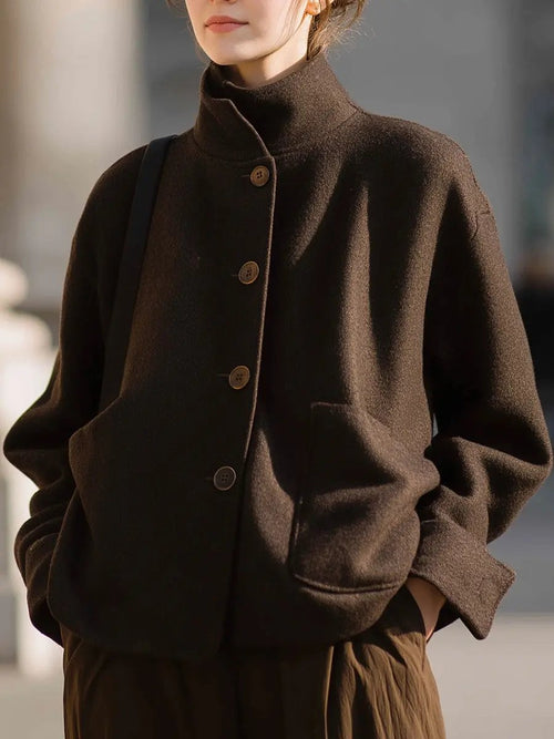 Minimalist Brown Wool Stand-Collar - Women's Jacket CAAYWORLD