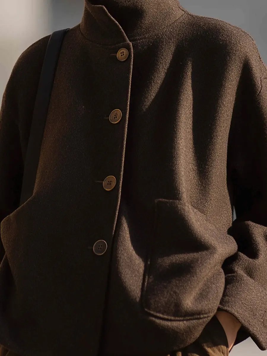 Minimalist Brown Wool Stand-Collar - Women's Jacket CASA LARO