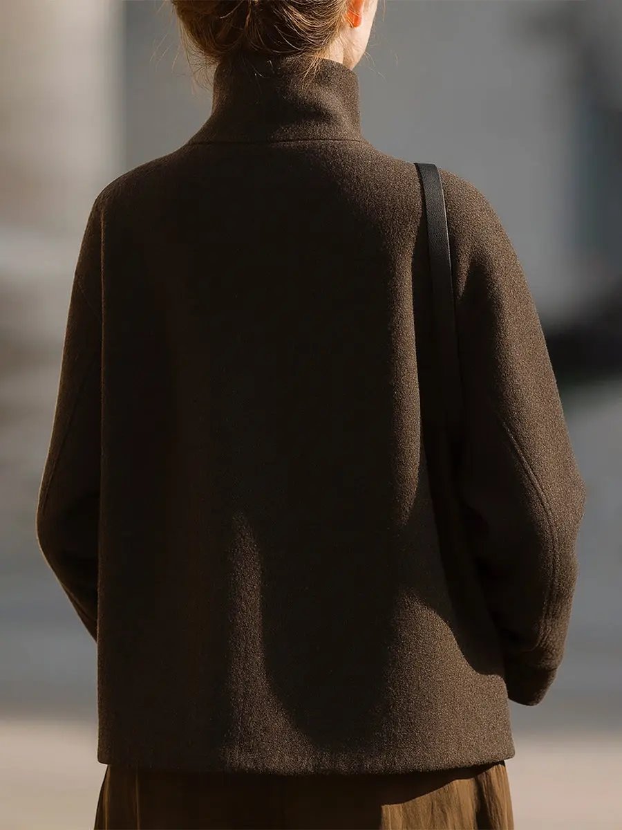 Minimalist Brown Wool Stand-Collar - Women's Jacket CASA LARO
