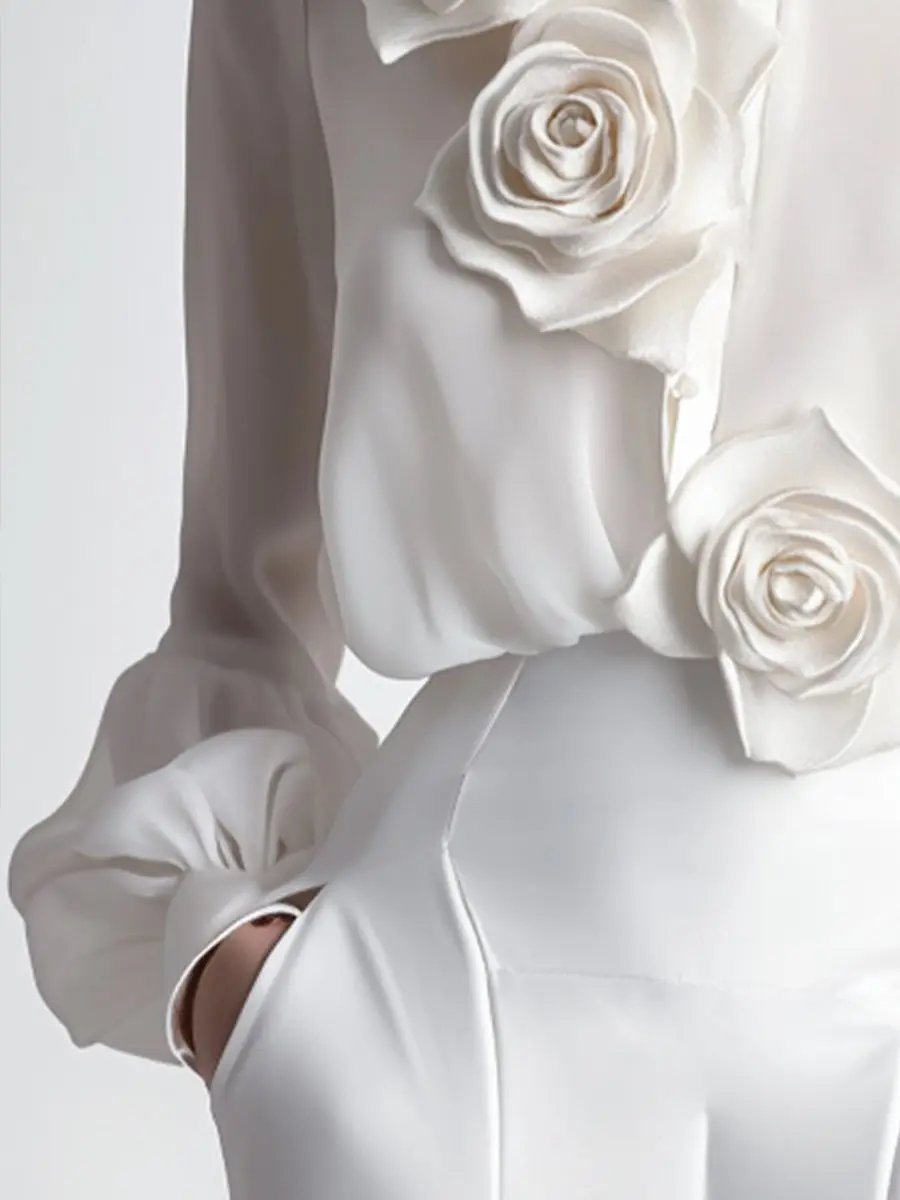 Modern White 3D Rose Applique - Women's Blouse CASA LARO
