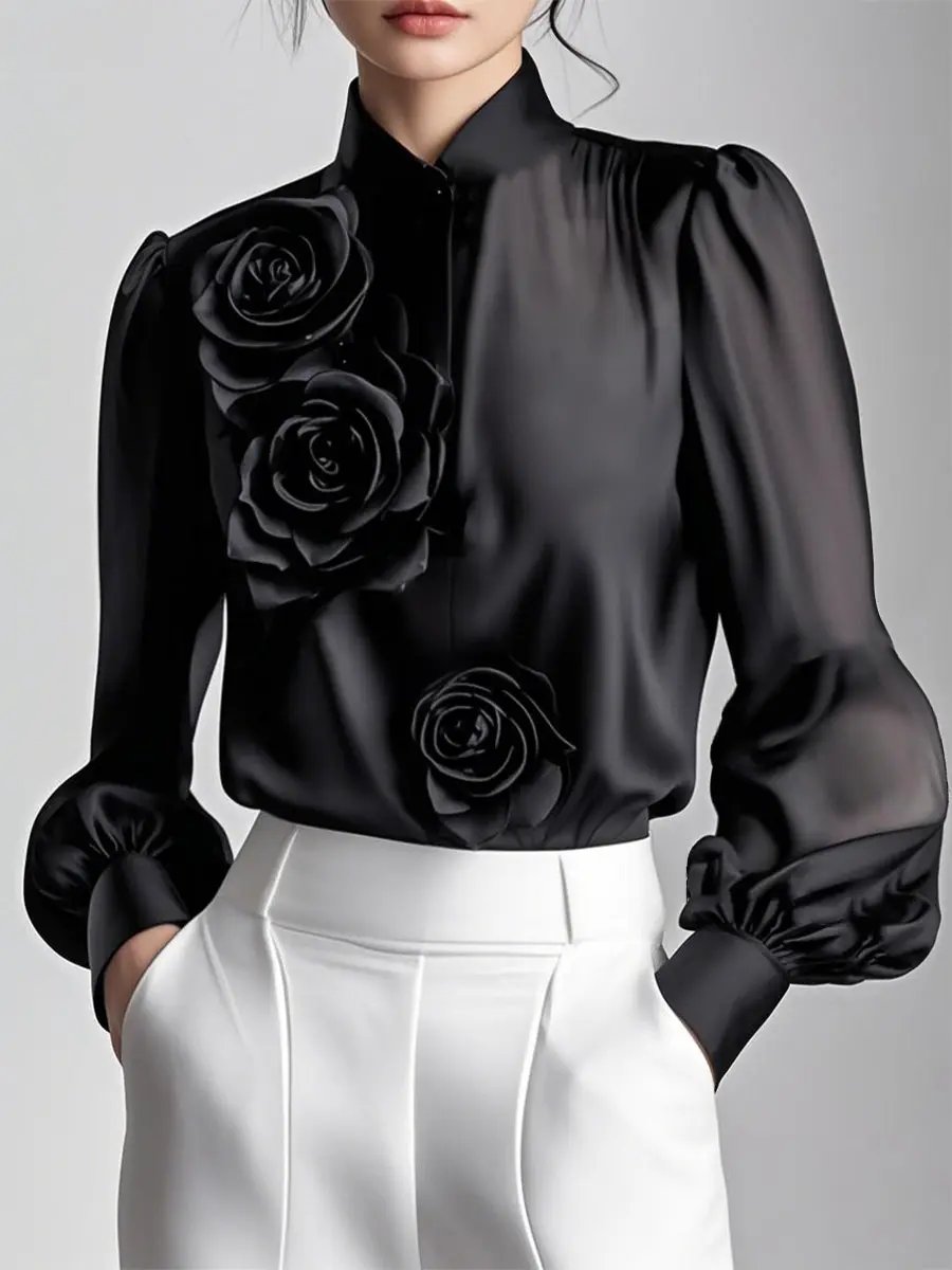 Modern White 3D Rose Applique - Women's Blouse CASA LARO