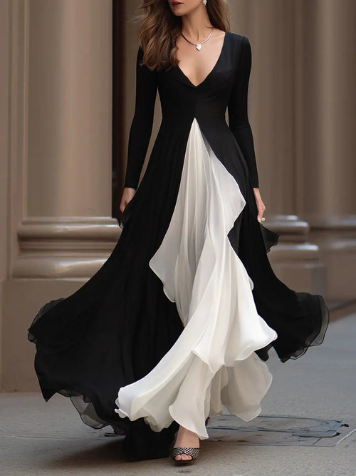 Monochrome Flowing Contrast-Panel Evening Gown - Maxi Dress CAAYWORLD