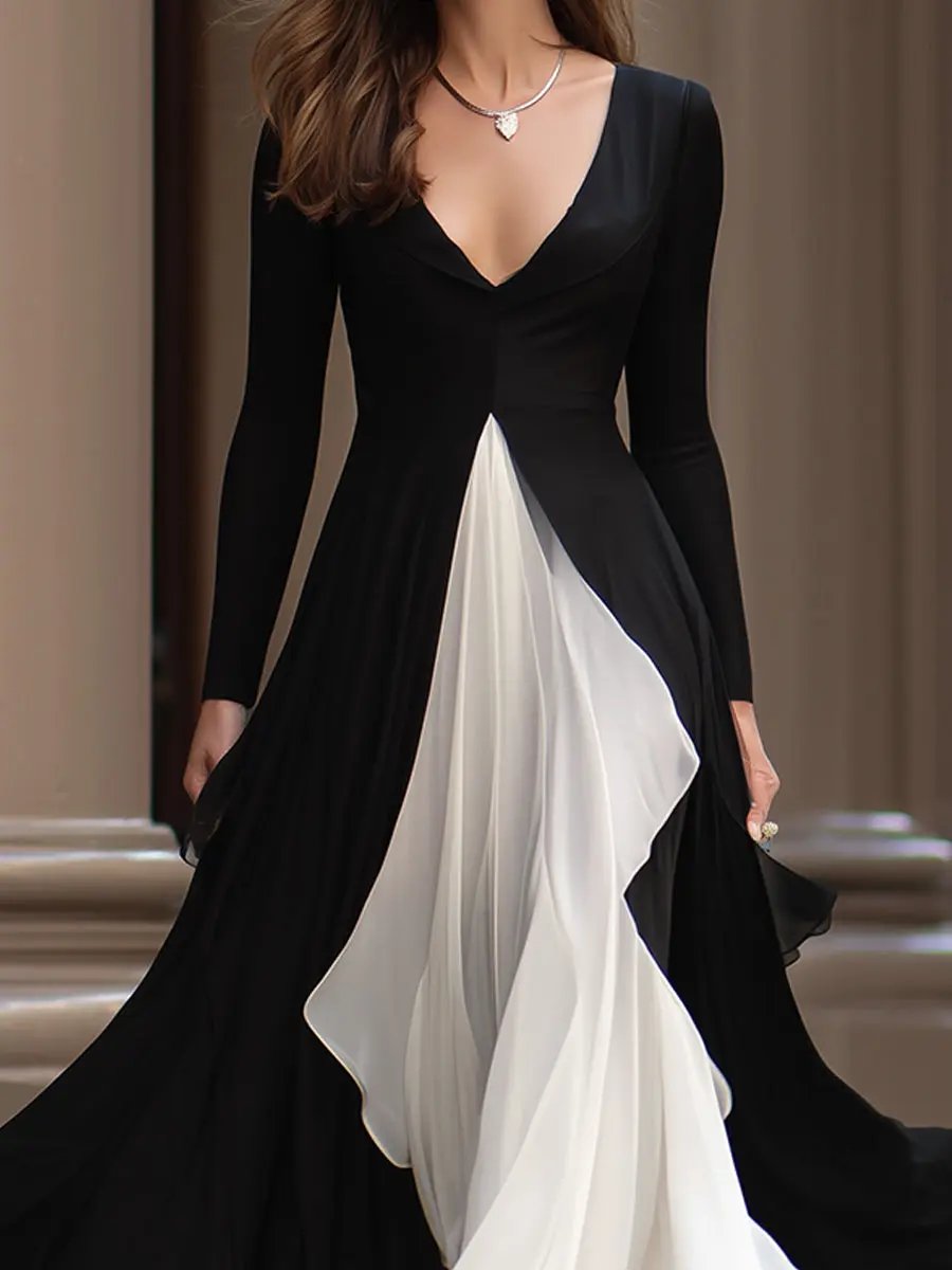 Monochrome Flowing Contrast-Panel Evening Gown - Maxi Dress CASA LARO