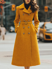 Mustard Double-Breasted Belted Coat-Style - Midi Dress CASA LARO