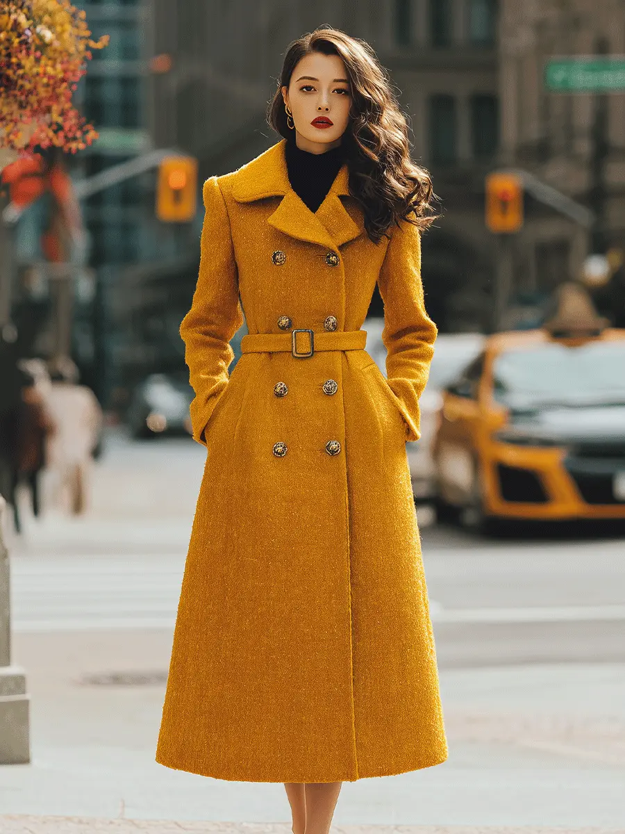 Mustard Double-Breasted Belted Coat-Style - Midi Dress CASA LARO