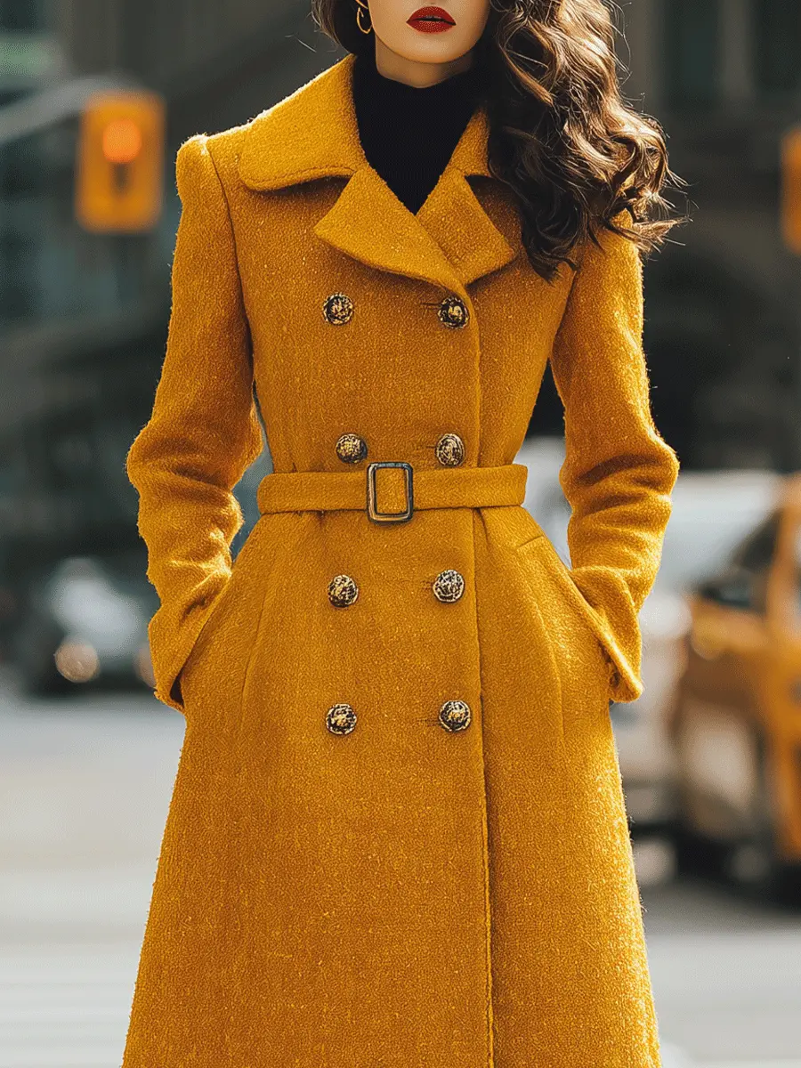 Mustard Double-Breasted Belted Coat-Style - Midi Dress CASA LARO