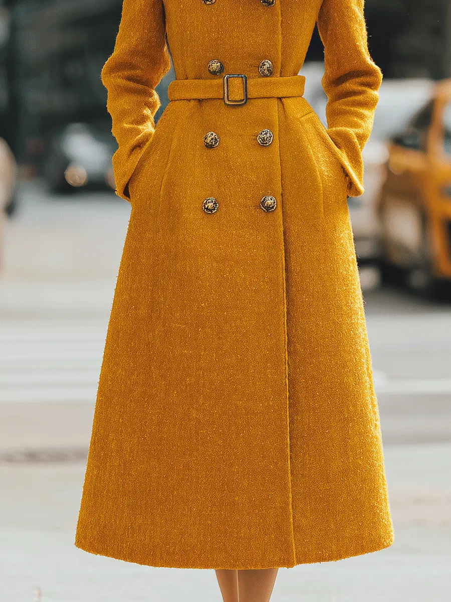 Mustard Double-Breasted Belted Coat-Style - Midi Dress CASA LARO