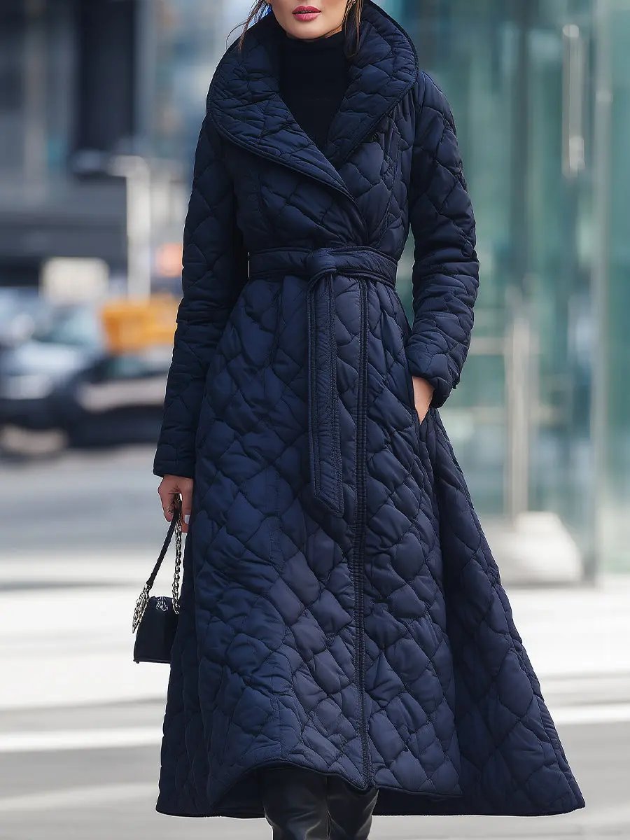 Navy Quilted Belted Wrap - Long Coat CASA LARO