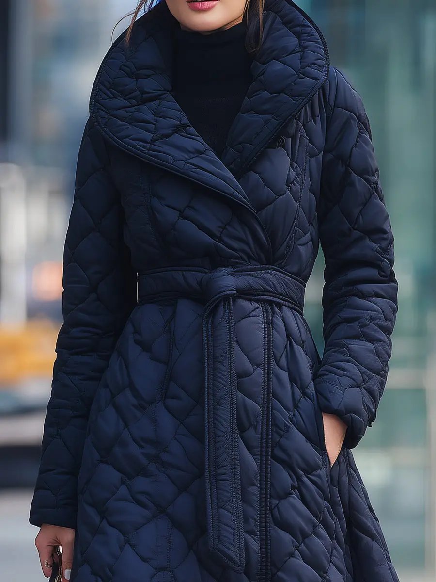 Navy Quilted Belted Wrap - Long Coat CASA LARO