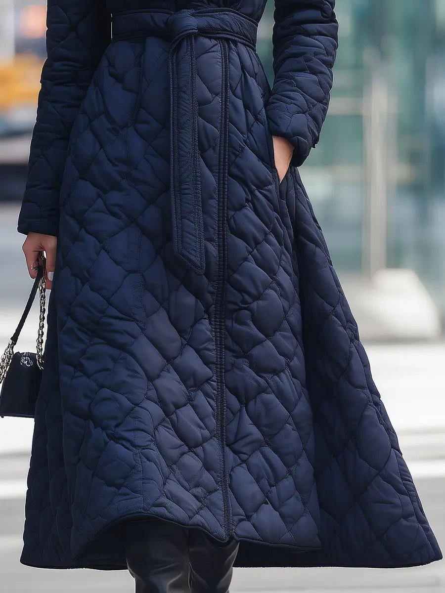 Navy Quilted Belted Wrap - Long Coat CASA LARO
