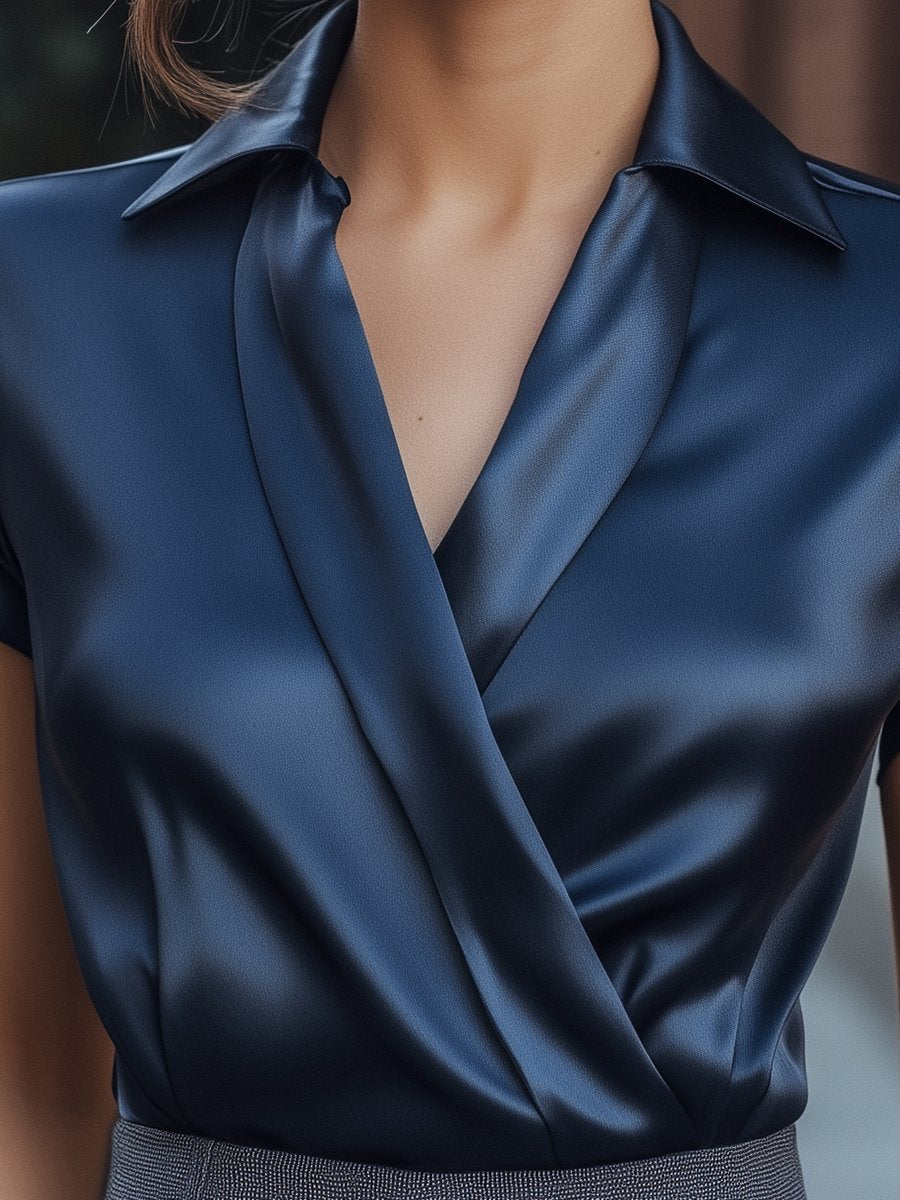 Navy Satin Short-Sleeve Wrap Blouse HWT