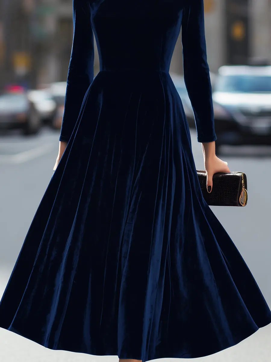 Navy Velvet Long-Sleeve Luxe - Midi Dress CASA LARO