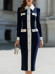 Navy & White Contrast Button-Front Shirt Dress - Midi Dress CASA LARO
