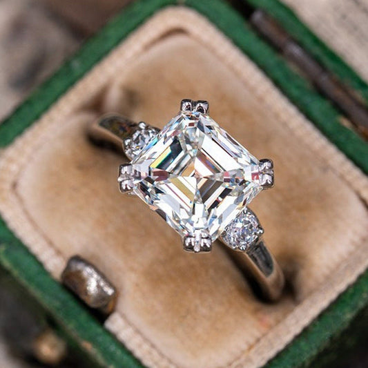 Classic Three Stone Asscher Cut Sterling Silver Engagement Ring shineofdiamond