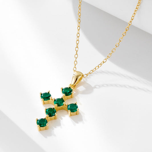 Vintage Emerald Green Cross Design Sterling Silver Necklace Carly Jewelry