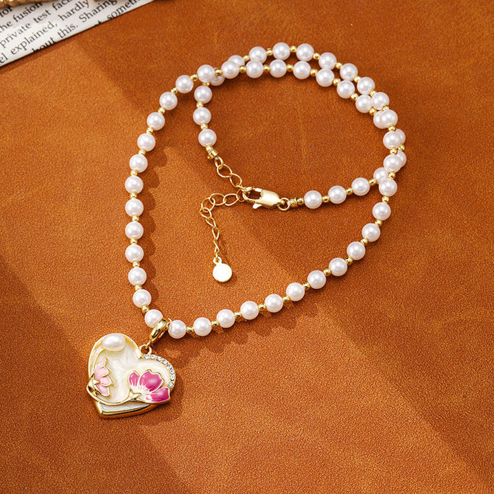 Retro Flower Heart Design Pearl Necklace Carly Jewelry