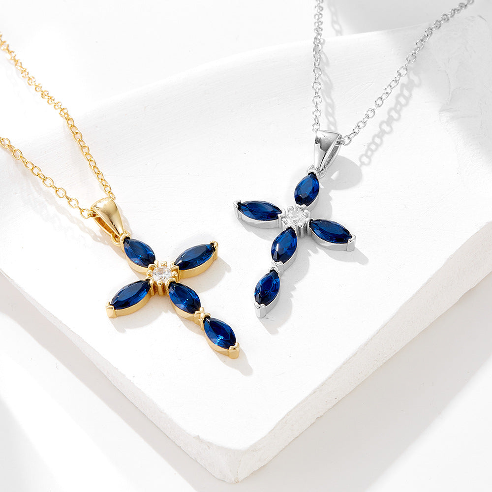 Luxury Blue Cross Design Sterling Silver Necklace Shine of Diamond
