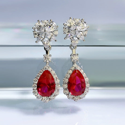 Luxury Ruby Stone Sterling Silver Drop Earrings shine of diamond
