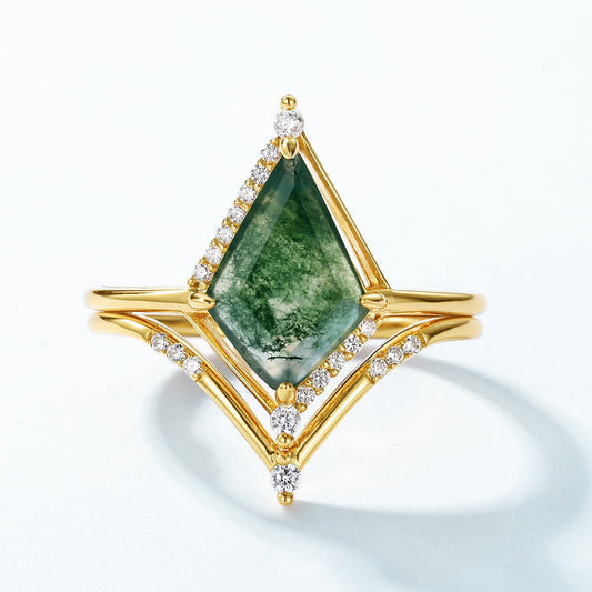 Geometric Natural Green Moss Agate Ring Set Carly Jewelry