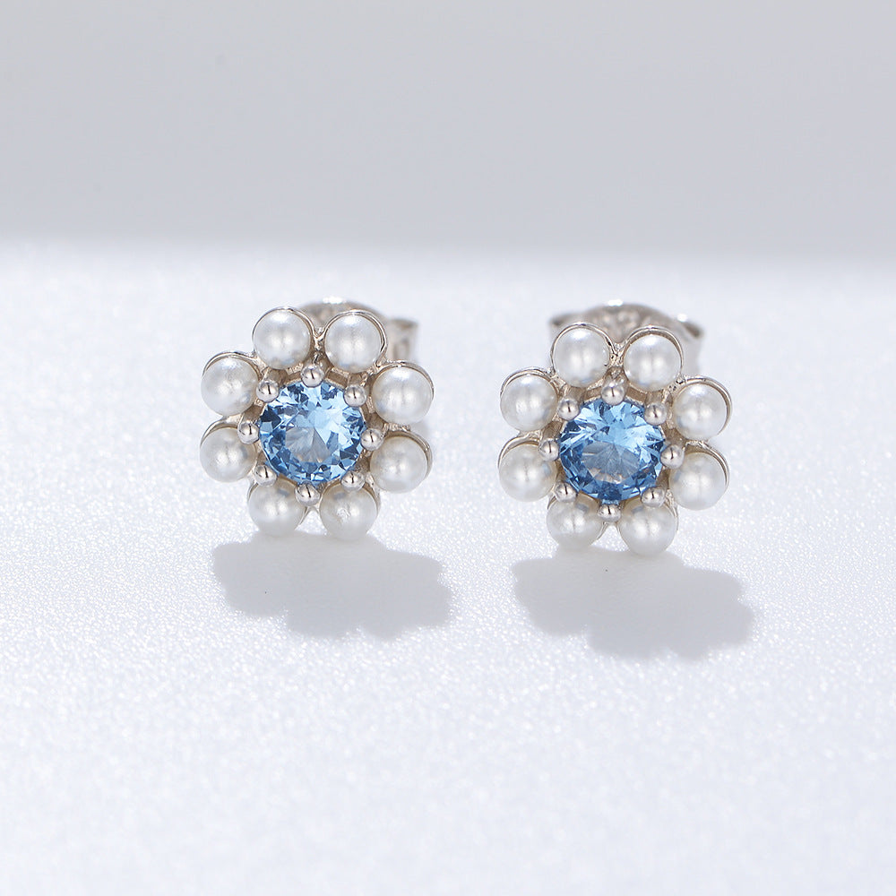 Blue Flower Design Pearls Stud Earrings Carly Jewelry