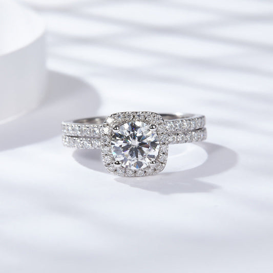 Round Cut D Color Moissanite Sterling Silver Halo Wedding Ring Set shine of diamond