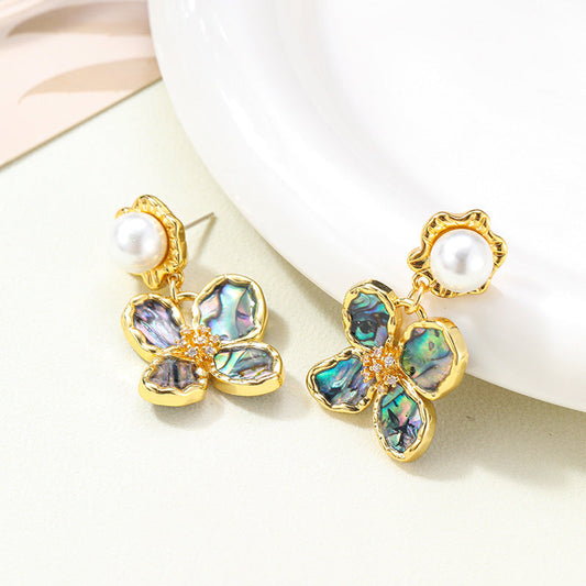 Retro Abalone Flower Pearl Tassel Earrings Carly Jewelry