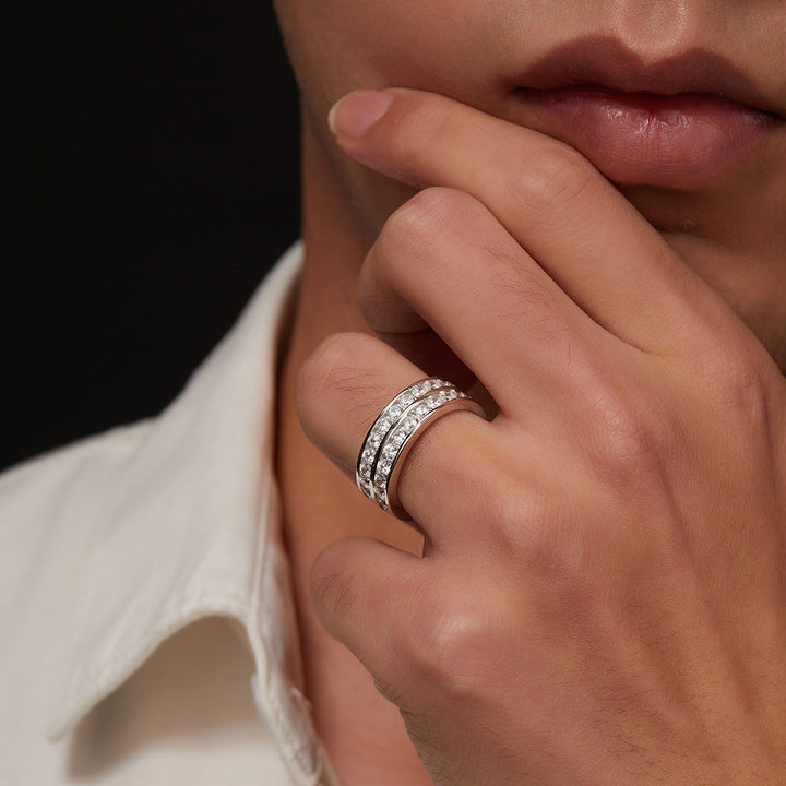 Moissanite Unisex Double Row Channel Set Wedding Band in Sterling Silver Shine of Diamond