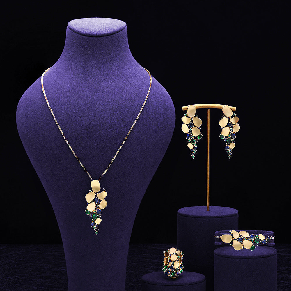 4 Pcs Luxury 18k Gold Plated Colorful Jewelry Set Shine of Diamond