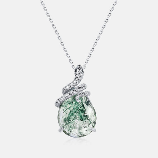 Snake Coiled Natural Green Moss Agate Pendant Necklace Carly Jewelry