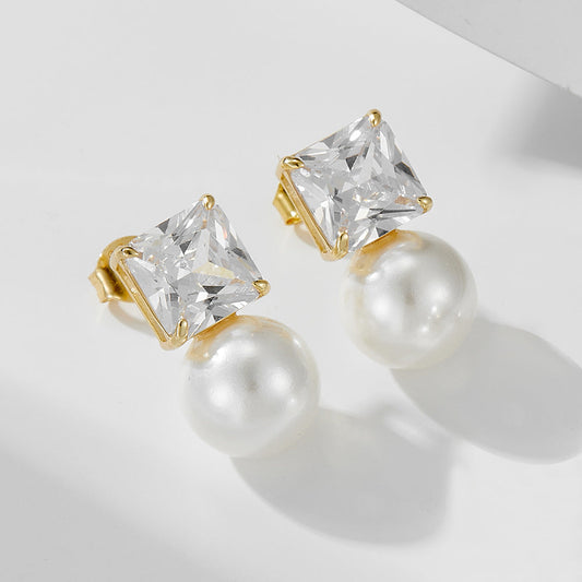 Simple Simulated Diamond Pearls Drop Earrings Carly Jewelry