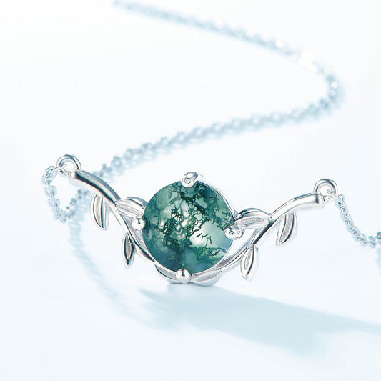 Round Shape Leaves Design Green Moss Agate Necklace Carly Jewelry