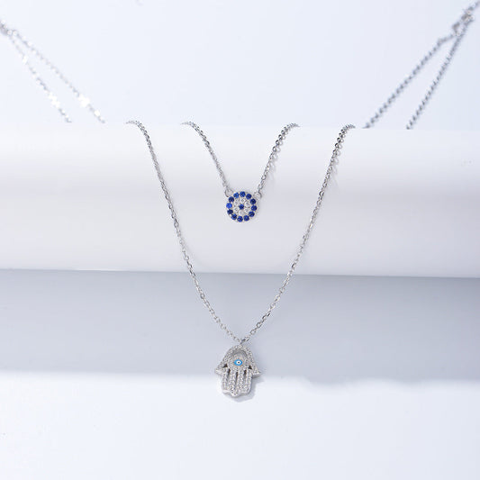 Devil Eye Hamsa Palm Double Layed Necklace Shine of Diamond