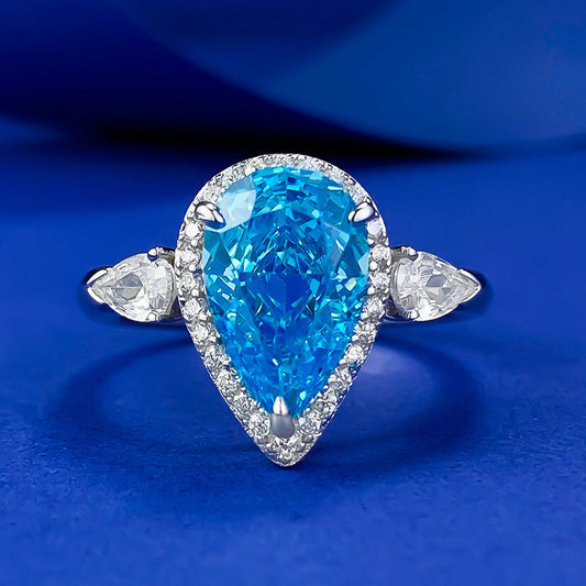 Vintage-Style Halo Aquamarine Pear Cut Engagement Ring in Sterling Silver Shineofdiamond