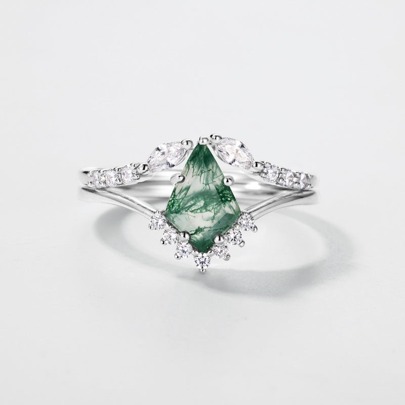Retro Natural Green Moss Agate Ring Set For Women Carly Jewelry