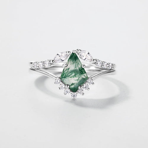 Retro Natural Green Moss Agate Ring Set For Women Carly Jewelry
