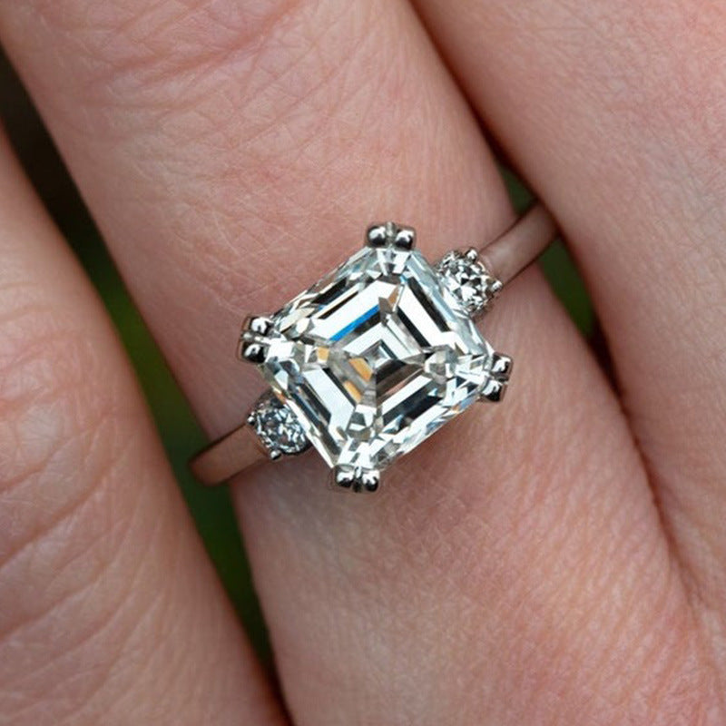Classic Three Stone Asscher Cut Sterling Silver Engagement Ring shineofdiamond