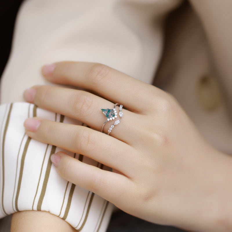 Retro Natural Green Moss Agate Ring Set For Women Carly Jewelry