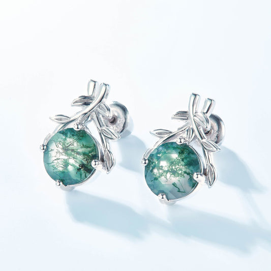 Olive Branch Green Moss Agate Stud Earrings Carly Jewelry