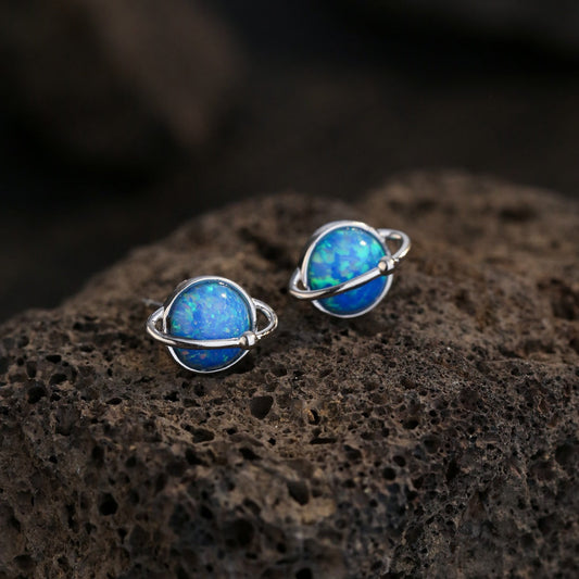 Retro Blue Earth Design Opal Stud Earrings Carly Jewelry