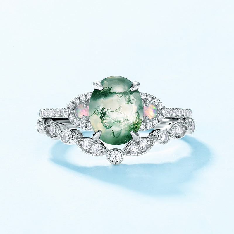 2 Pcs Natural Green Moss Agate Ring Set For Women Carly Jewelry