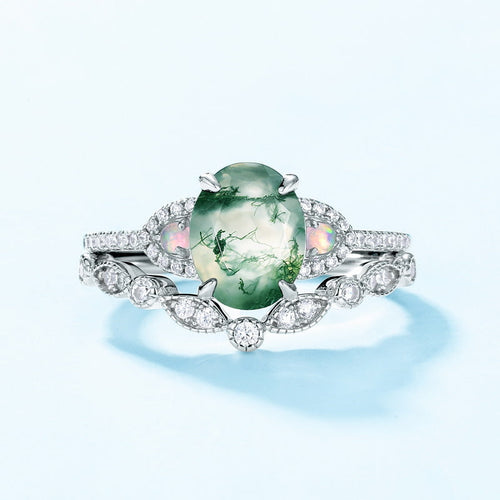 2 Pcs Natural Green Moss Agate Ring Set For Women Carly Jewelry