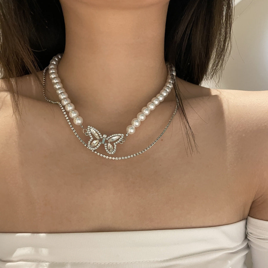 Butterfly Design Pearl Double Layered Choker Dazzleyesjewelry