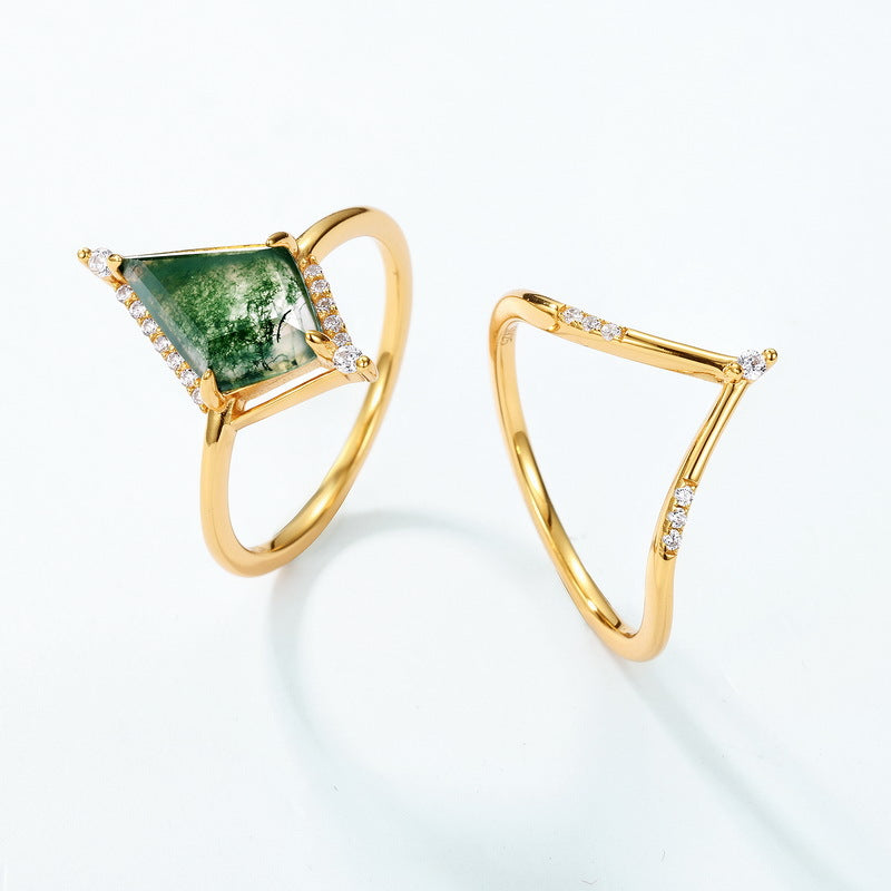 Geometric Natural Green Moss Agate Ring Set Carly Jewelry