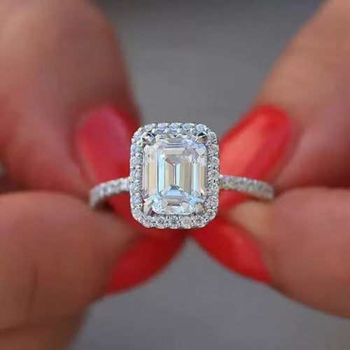 Vintage Halo 3.0ct Emerald Cut Engagement Ring In Sterling Silver Shine of Diamond
