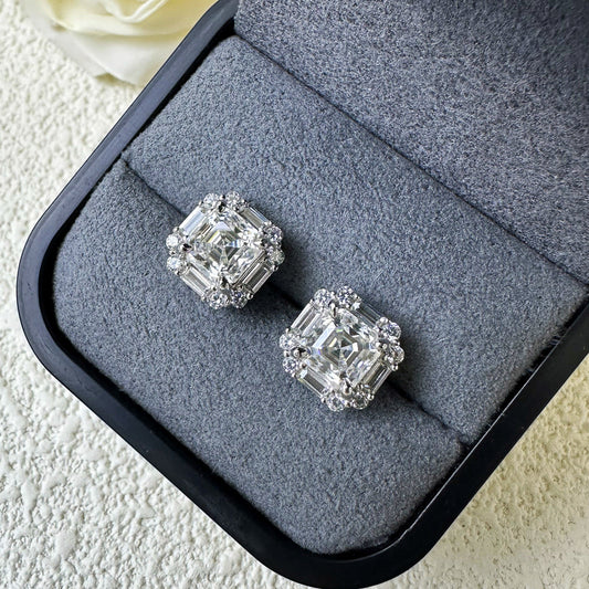 Asscher Cut Moissanite Silver Stud Earrings Shine of Diamond