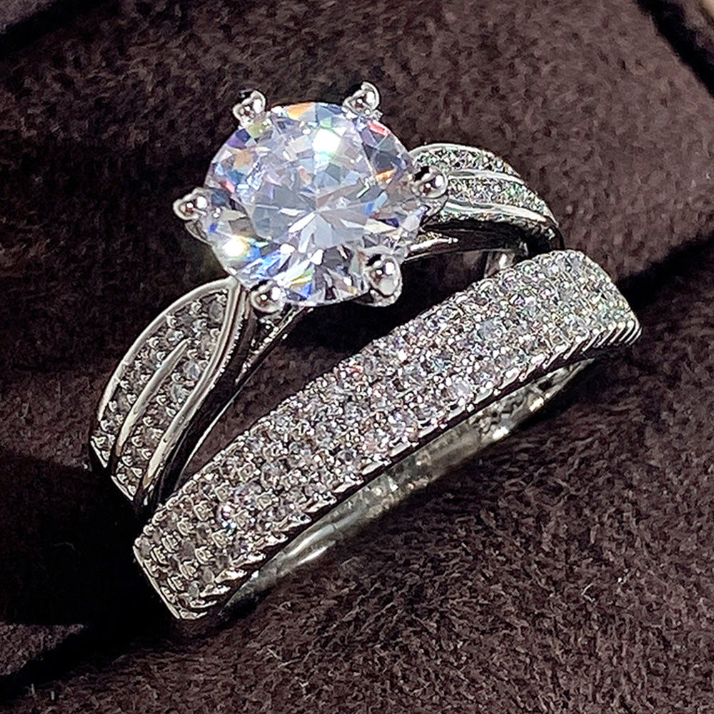 Classic 2-Piece Round Six-Prong Solitaire with Half Eternity Bands Bridal Ring Set in 925 Sterling Silver Shine of Diamond