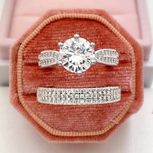 Classic 2-Piece Round Six-Prong Solitaire with Half Eternity Bands Bridal Ring Set in 925 Sterling Silver Shine of Diamond