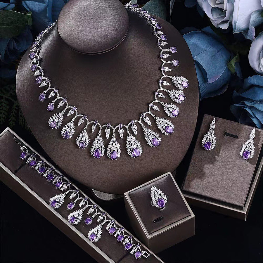 4 Pcs Luxury Dazzling Full Diamond Colored Evening Dress Jewelry Set Shine of Diamond